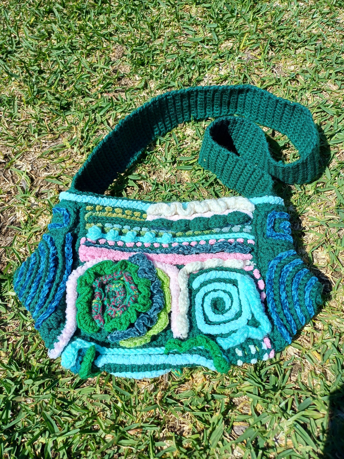 Green/Teal/Pink freeform Crochet Bag
