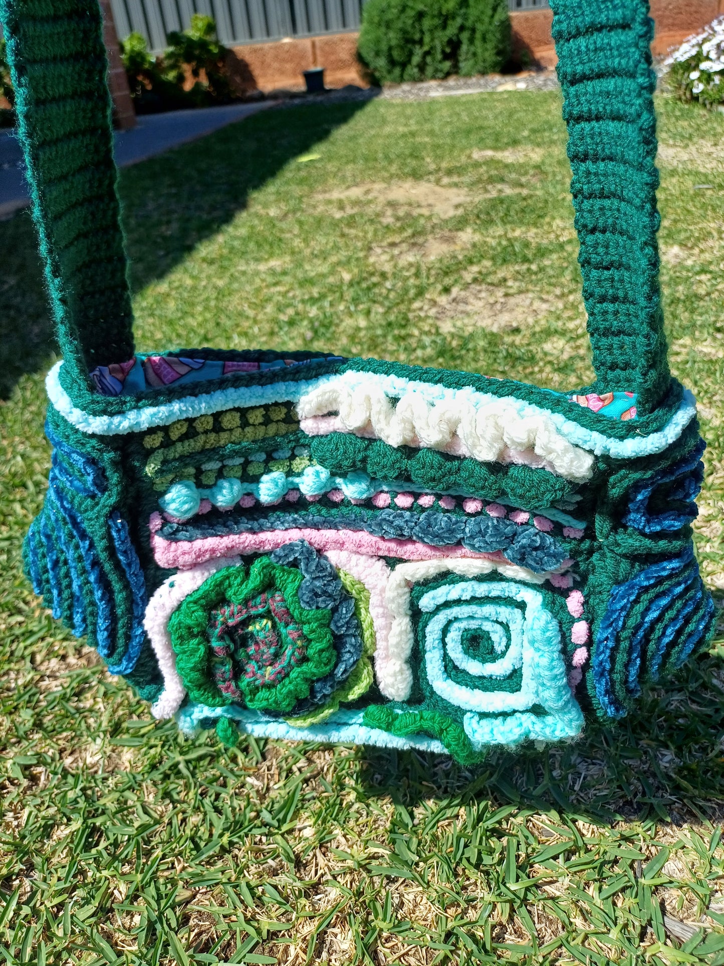 Green/Teal/Pink freeform Crochet Bag