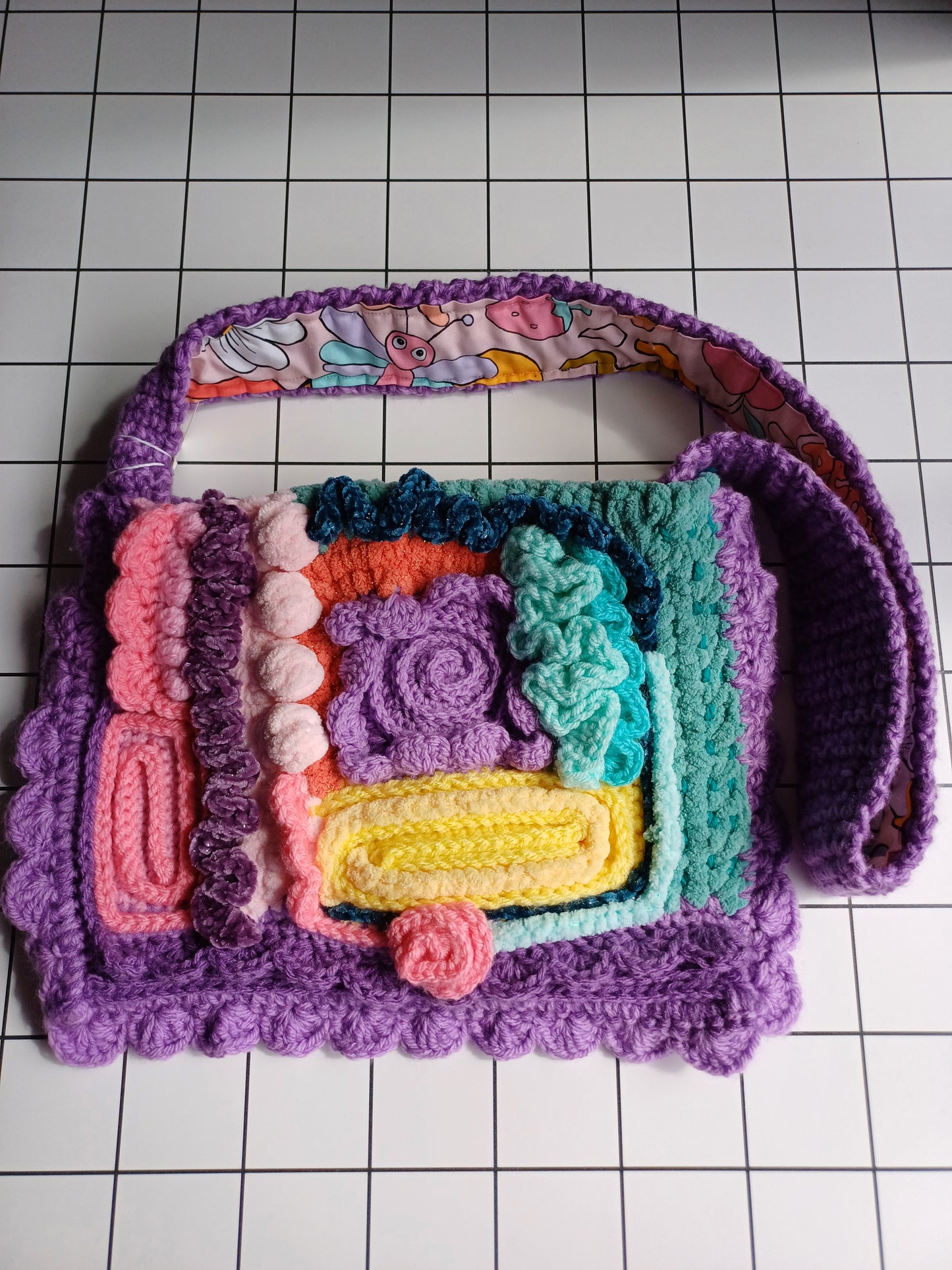 Lavender and pastel coloured freeform crochet bag