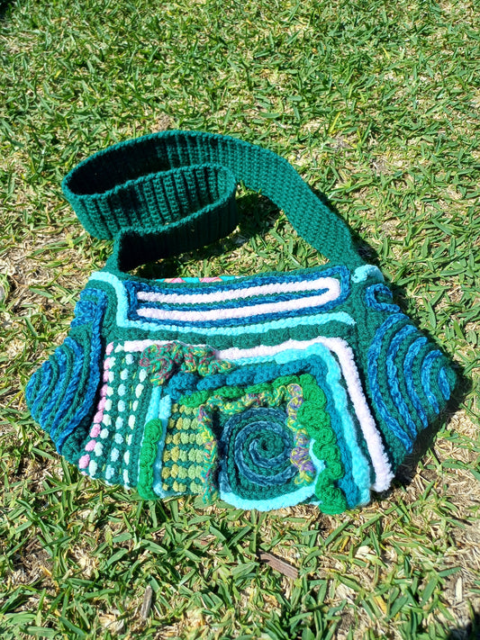 Green/Teal/Pink freeform Crochet Bag