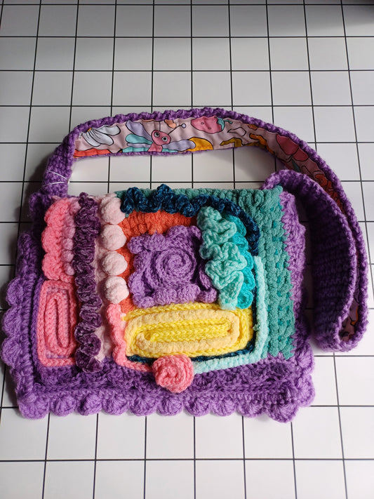 Lavender and pastel coloured freeform crochet bag