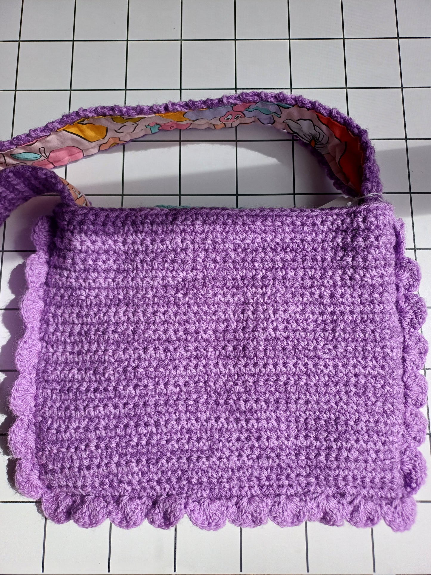 Lavender and pastel coloured freeform crochet bag
