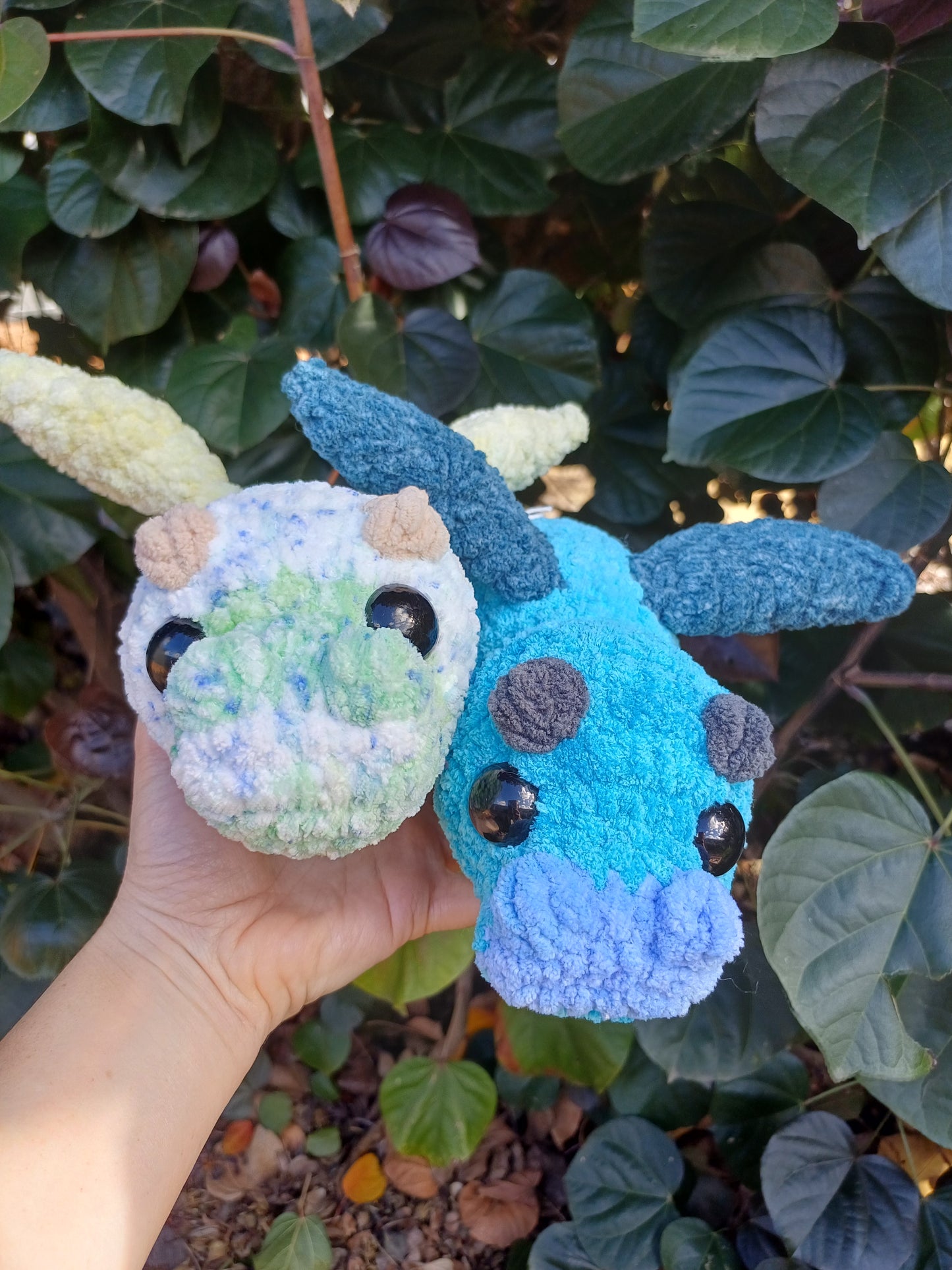 Draco The Dragon Multi Striped Coloured Dragon in Tq, Blue and Dark Blue Crochet Plush Toy