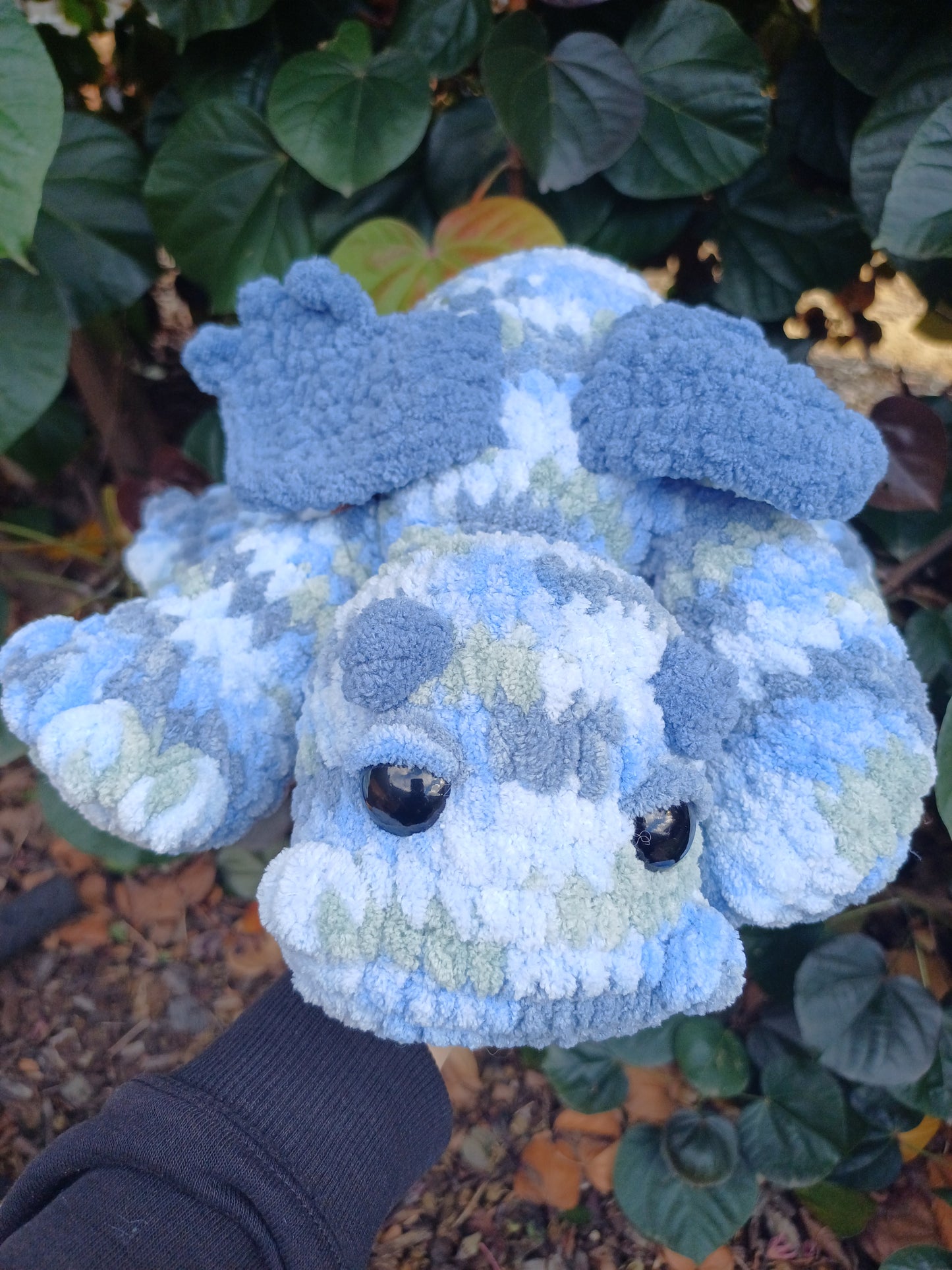 Fluffy The Splooting Dragon in Blue Crochet Plush Toy