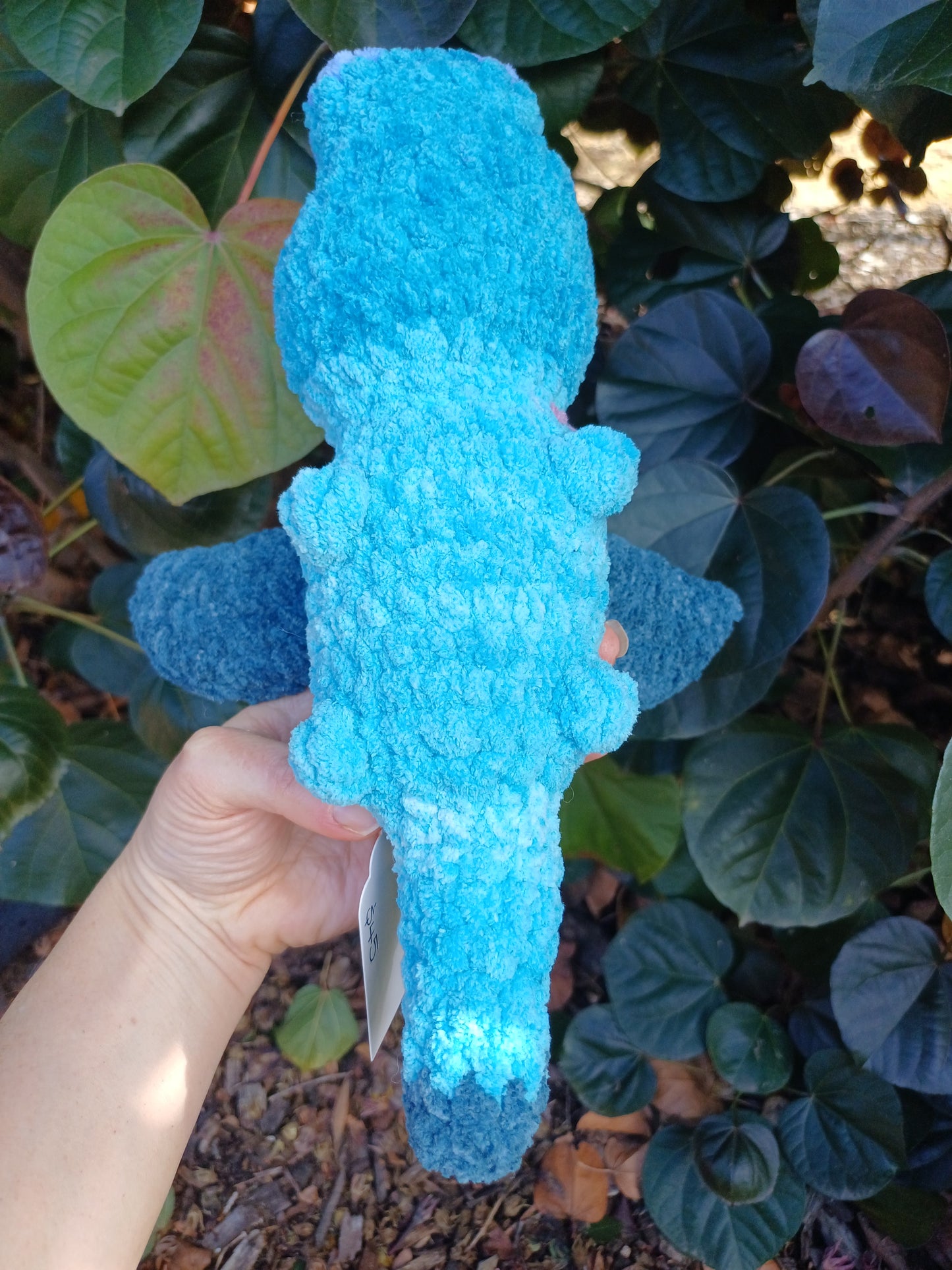 Draco The Dragon Multi Striped Coloured Dragon in Tq, Blue and Dark Blue Crochet Plush Toy