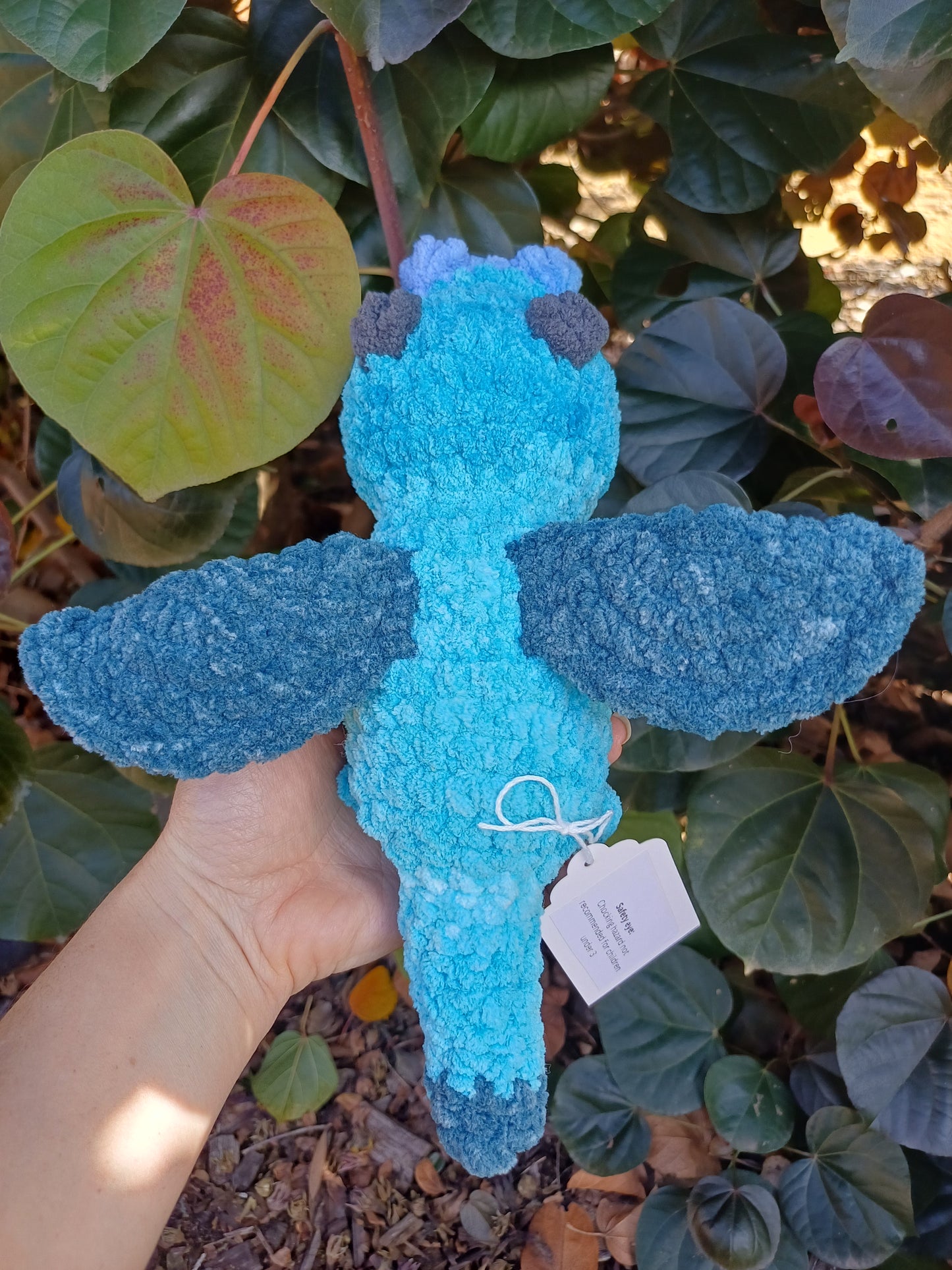 Draco The Dragon Multi Striped Coloured Dragon in Tq, Blue and Dark Blue Crochet Plush Toy