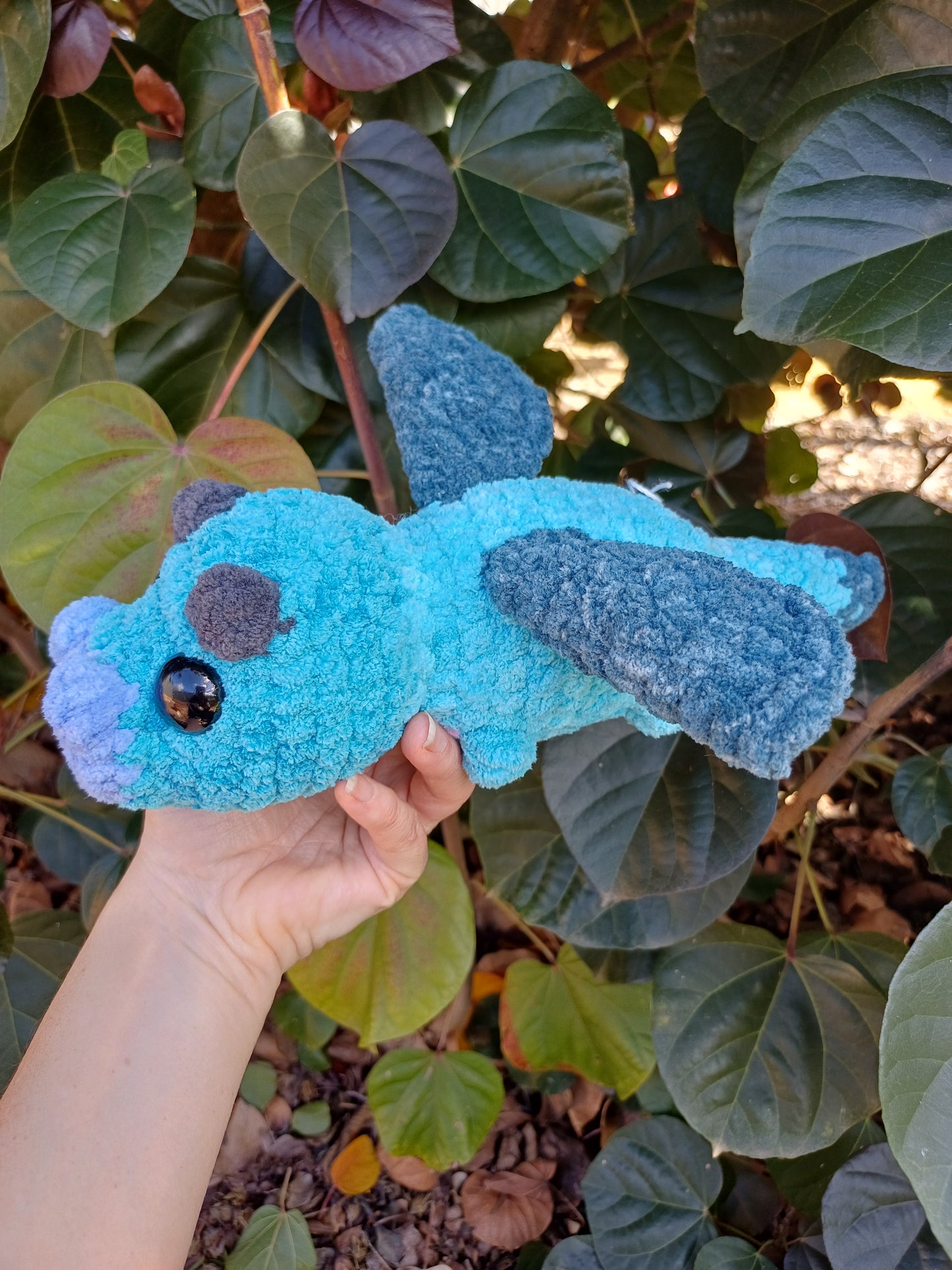 Draco The Dragon Multi Striped Coloured Dragon in Tq, Blue and Dark Blue Crochet Plush Toy