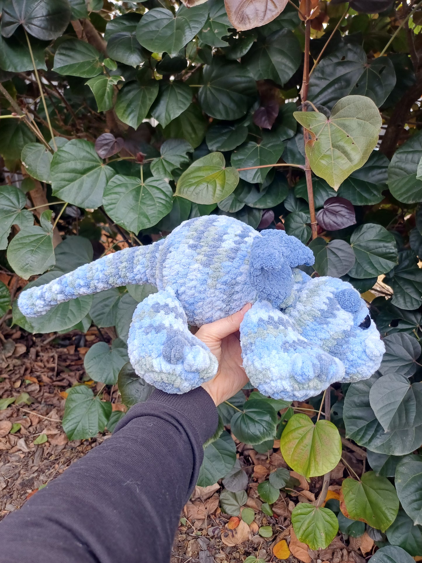 Fluffy The Splooting Dragon in Blue Crochet Plush Toy